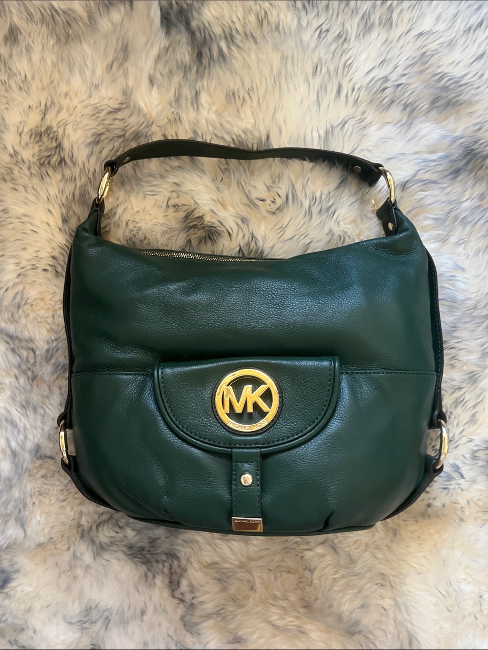 NEW LARGE Michael Kors Forest Green Leather Shoulder Hobo with Gold MK Emblem
